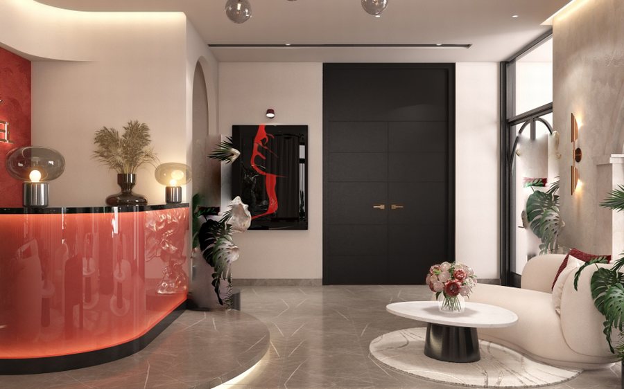 Thiết kế sảnh khách sạn chủ đề tình yêu phong cách Modern Romantic, quầy lễ tân đỏ và không gian tiếp khách sang trọng