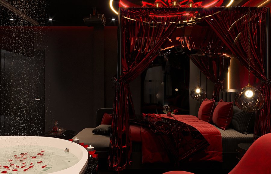 Thiết kế phòng khách sạn tình yêu Romantic Luxe sang trọng với ánh sáng ấm áp, bồn tắm thư giãn và giường ngủ cao cấp. 