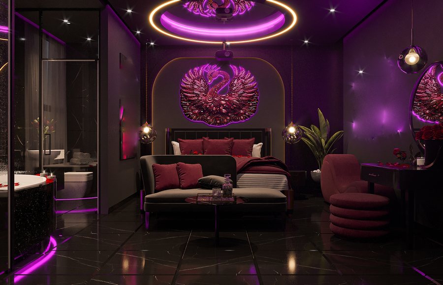 Phòng khách sạn chủ đề tình yêu phong cách Purple Swan, nội thất nhung tím sang trọng, ánh sáng LED nghệ thuật và điểm nhấn thiên nga nổi 3D.
