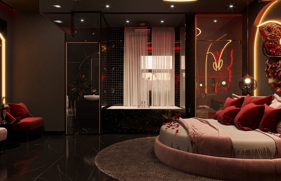Phòng khách sạn chủ đề tình yêu Velvet Passion, giường tròn nhung đỏ, bồn tắm kính hiện đại, ánh sáng vàng đỏ sang trọng và nội thất cao cấp.