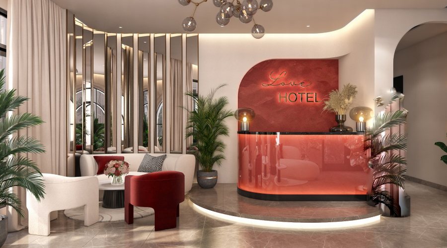 Thiết kế sảnh khách sạn chủ đề tình yêu phong cách Modern Romantic, quầy lễ tân đỏ bo cong kết hợp nội thất kem trắng tinh tế