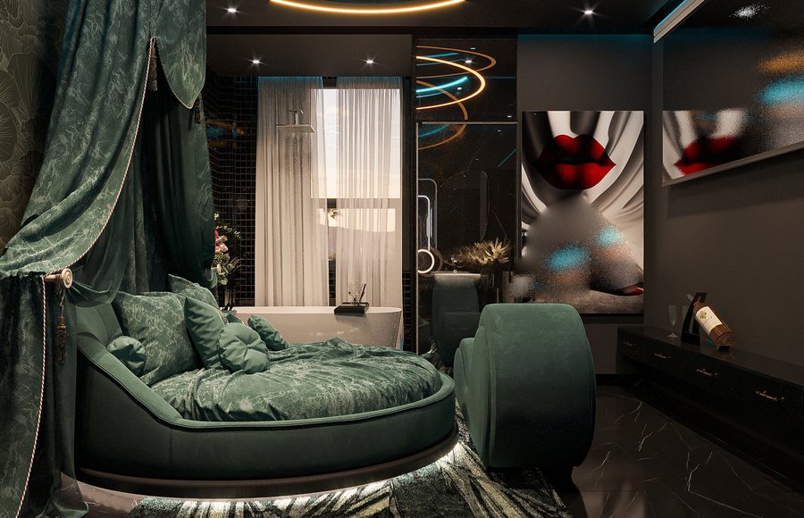 Thiết Kế Phòng Khách Sạn Chủ Đề Tình Yêu Phong Cách Art Decor Hiện Đại | Không Gian Xanh Emerald Cuốn Hút 