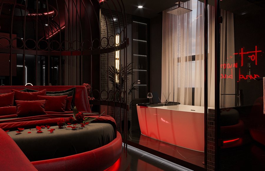Thiết kế phòng khách sạn chủ đề tình yêu phong cách Modern Luxury Dark tone, giường tròn, bồn tắm kính, ánh sáng LED đỏ đen sang trọng