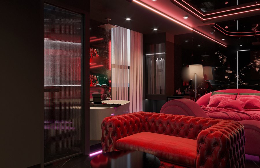 Thiết kế phòng khách sạn chủ đề tình yêu Romantic Neon Suite, sofa nhung đỏ, ánh sáng LED hồng tím, nội thất hiện đại và tinh tế