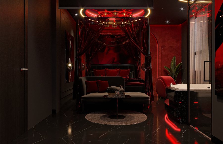 Thiết kế phòng khách sạn Romantic Red Suite với giường bốn trụ, rèm đỏ, ánh sáng LED và không gian sang trọng hiện đại