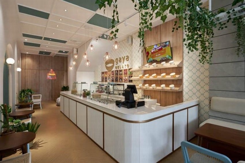 Nội thất quán café hiện đại với trần nhà trang trí cây xanh rủ xuống.  Quán bánh ngọt thiết kế tối giản, kết hợp ghế gỗ và ghế pastel xanh 