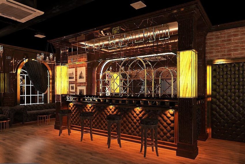 thiết kế quán cafe bar cổ điển, quầy bar gỗ sang trọng, nội thất ánh sáng ấm, không gian bar phong cách châu Âu, decor bar gỗ và da