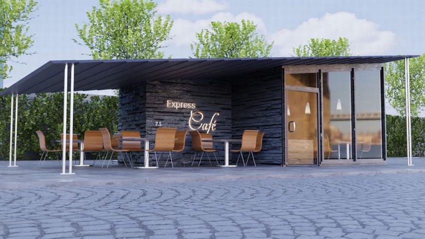 Thiết kế thi công quán cafe khung thép hiện đại với không gian mở, mái che tối giản, mang lại sự thoáng mát và thoải mái cho khách hàng.