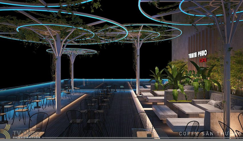 THIẾT KẾ THI CÔNG QUÁN CAFE SÂN THƯỢNG HIỆN ĐẠI SANG TRỌNG