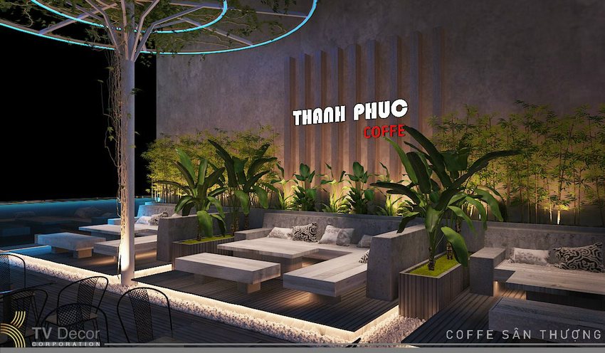 THIẾT KẾ QUÁN CAFE SÂN THƯỢNG KẾT HỢP ÁNH SÁNG NGHỆ THUẬT
