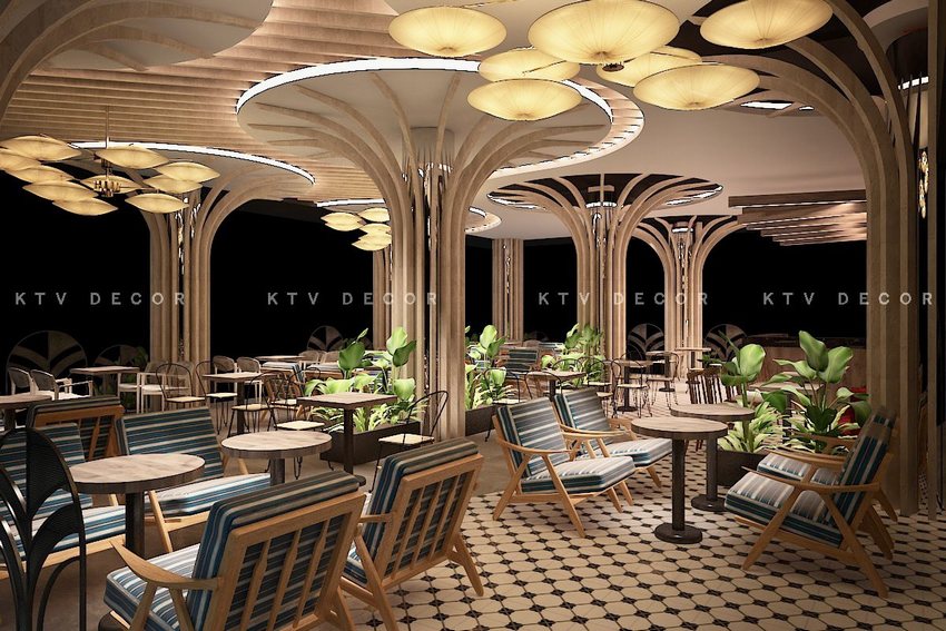 Thiết kế thi công quán cafe hiện đại với không gian mở, trần nghệ thuật uốn lượn kết hợp ánh sáng ấm áp và cây xanh, tạo cảm giác thư giãn gần gũi thiên nhiên.