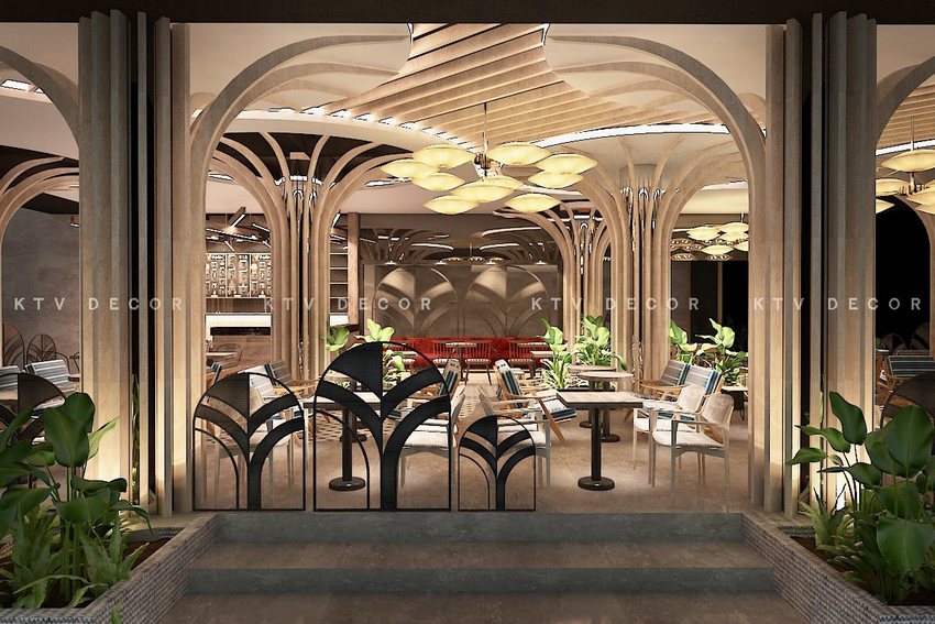 Thiết kế thi công quán cafe hiện đại với không gian sang trọng, trần gỗ nghệ thuật kết hợp ánh sáng tinh tế và nội thất thoải mái, tạo điểm nhấn cuốn hút. 1