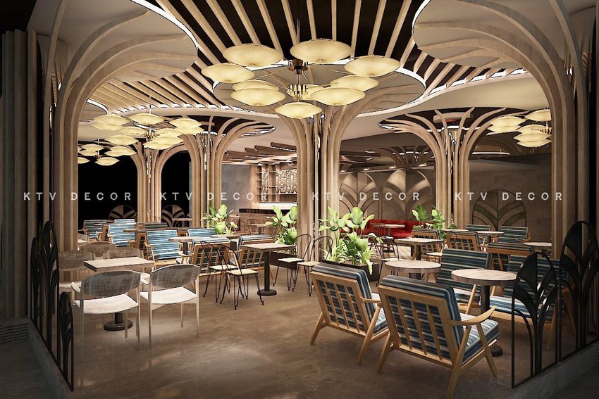 Thiết kế thi công quán cafe phong cách hiện đại với hệ trần độc đáo, ánh sáng ấm áp kết hợp cây xanh và nội thất gỗ sang trọng, mang lại không gian thư giãn lý tưởng.