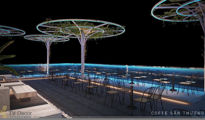 Thiết kế thi công quán cafe sân thượng sang trọng, không gian mở thoáng đãng với ánh sáng hiện đại – mang đến trải nghiệm thư giãn độc đáo cho khách hàng.
