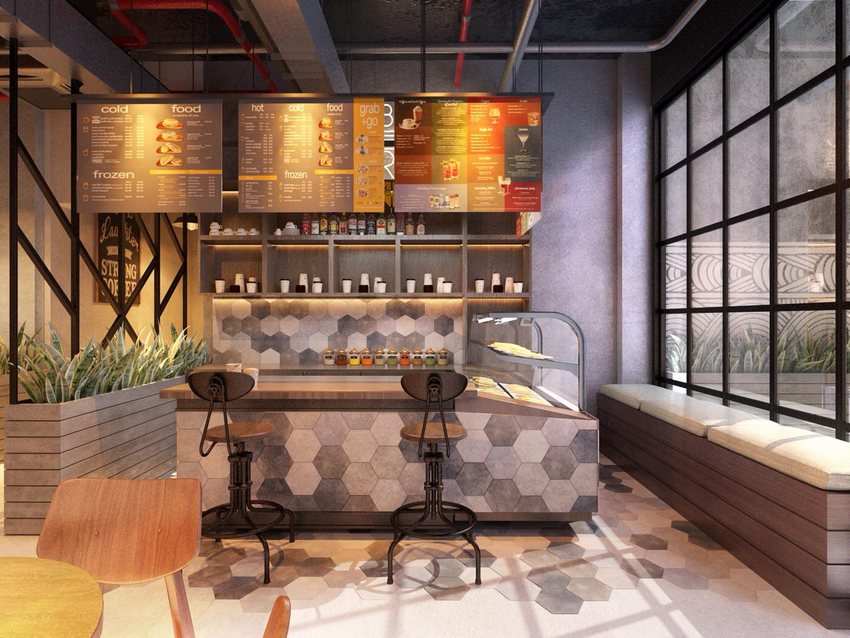 Thiết kế quầy pha chế quán cafe hiện đại, ốp gạch lục giác, bảng menu treo nổi bật và cửa kính lớn đón sáng.