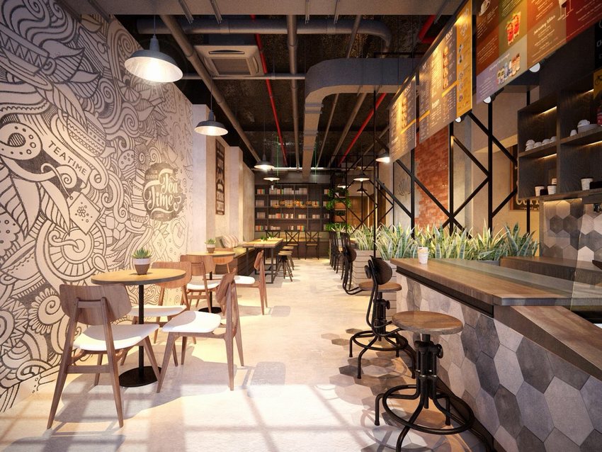 Thiết kế thi công quán cafe phong cách Industrial hiện đại với tường gạch thô, nội thất gỗ – kim loại và quầy bar ấn tượng.