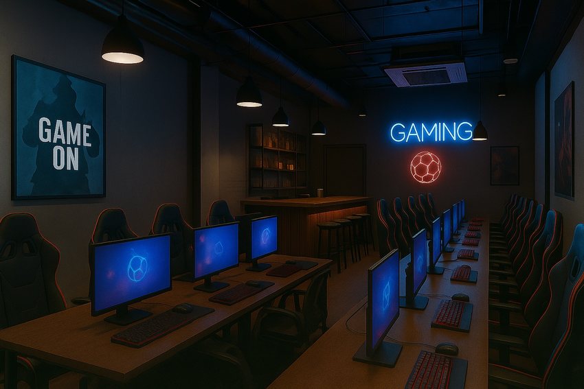 Nội thất quán café gaming với hai dãy máy tính, ghế chơi game, đèn neon chữ "GAMING", biểu tượng bóng và quầy bar gỗ ở trung tâm. Không gian tối màu, ánh sáng ấm và đậm chất công nghệ.