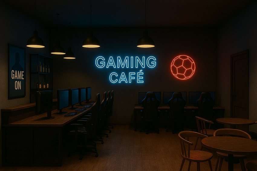 Alt ảnh: Phòng café gaming với bàn máy tính, ghế gaming, đèn treo trần, dòng chữ neon "GAMING CAFÉ" màu xanh, biểu tượng bóng đỏ, cùng khu vực bàn café bằng gỗ ở góc phải. Không gian tối, ấm cúng và hiện đại.