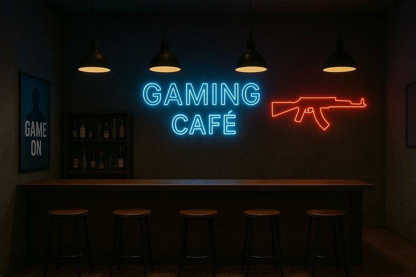 Một quầy bar café gaming với ghế cao bằng gỗ, đèn treo trần, bảng neon xanh “GAMING CAFÉ” và biểu tượng súng đỏ bên cạnh. Bên trái là kệ rượu và poster "GAME ON" phong cách chiến binh. Không gian tối, đậm chất game và cá tính.