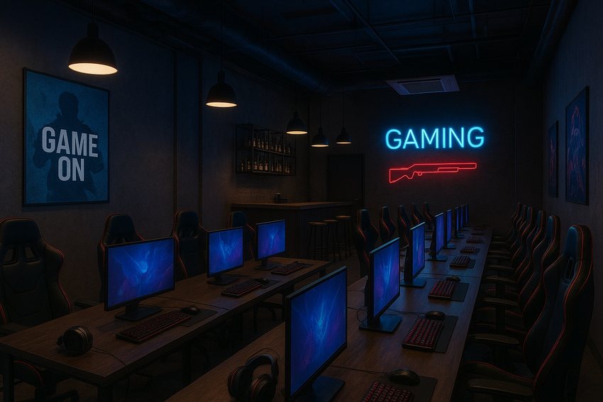 Không gian café gaming với nhiều máy tính, ghế chơi game, đèn treo trần, poster "GAME ON", quầy bar với kệ rượu, và biển hiệu neon “GAMING” cùng biểu tượng súng đỏ trên tường. Phong cách hiện đại, tối giản và đậm chất eSports.