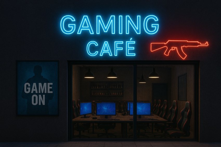 Mặt trước quán café gaming với đèn neon “GAMING CAFÉ” màu xanh, biểu tượng súng đỏ, cửa kính lộ không gian bên trong gồm nhiều máy tính, ghế chơi game, quầy bar và poster “GAME ON”. Phong cách hiện đại, mạnh mẽ và thu hút game thủ.