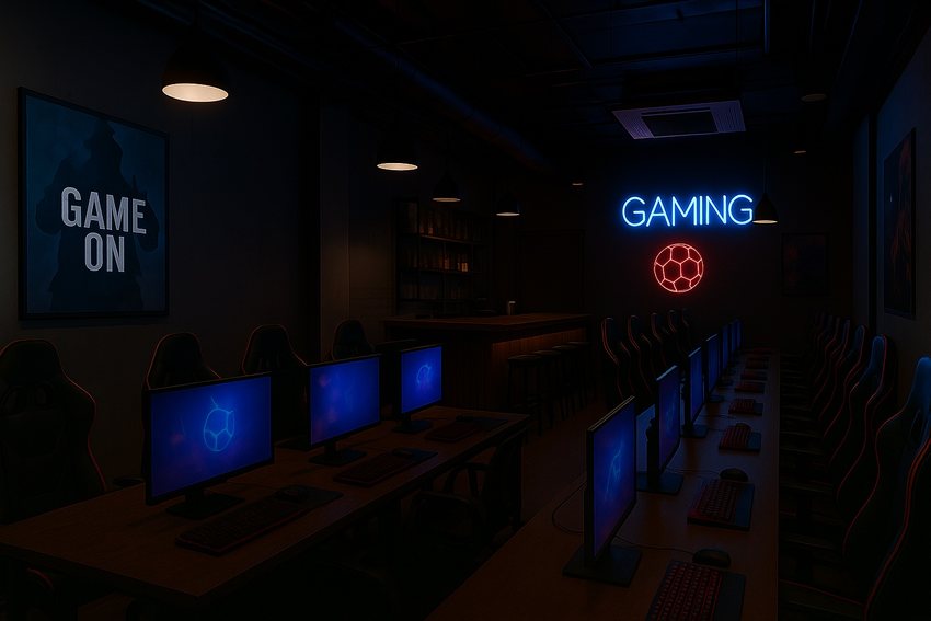 Không gian quán net hiện đại với dàn máy tính gaming, ánh sáng neon nổi bật, tạo không khí giải trí chuyên nghiệp.