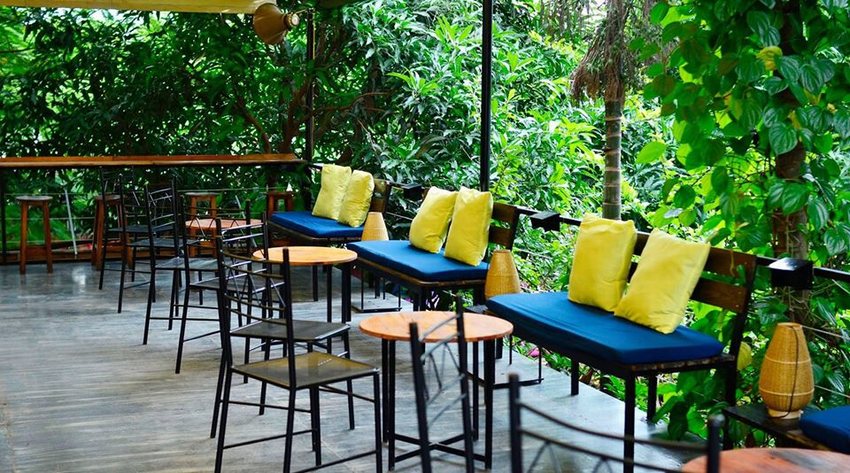 Không gian quán cafe sân vườn thoáng mát, thiết kế mở hòa mình cùng thiên nhiên. Ghế gỗ đệm xanh, gối vàng nổi bật, kết hợp bàn tròn nhỏ và cây xanh xung quanh, mang lại cảm giác thư giãn, gần gũi và yên bình.