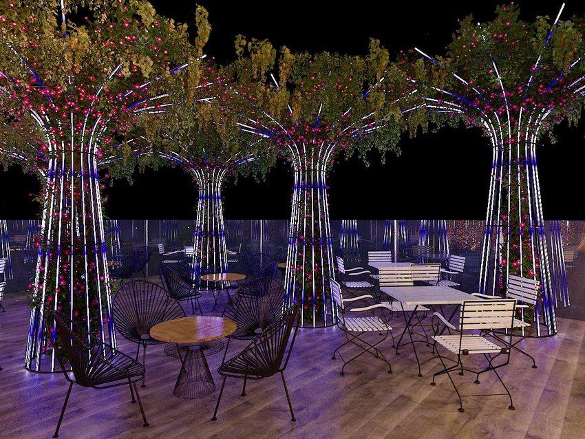 Không gian cafe sân vườn thiết kế độc đáo với trụ cây ánh sáng LED, bàn ghế ngoài trời hiện đại, mang đến trải nghiệm thư giãn lý tưởng cả ngày lẫn đêm.