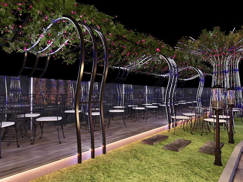 Thiết kế cafe sân vườn hiện đại với giàn hoa leo uốn lượn, bàn ghế sắt nghệ thuật và ánh sáng LED tinh tế, tạo không gian thư giãn sang trọng và độc đáo cho khách hàng.