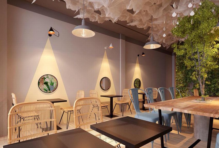 Bố trí không gian quán cafe với khu vực ngồi thư giãn thoải mái.