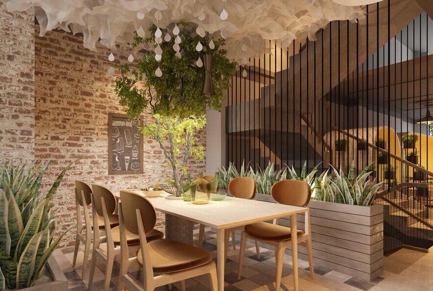 Không gian quán cafe trà sữa với bàn dài, ghế gỗ, cây xanh trang trí, tường gạch đỏ thô, trần vải buông rủ và khung sắt phân chia không gian gần cầu thang.