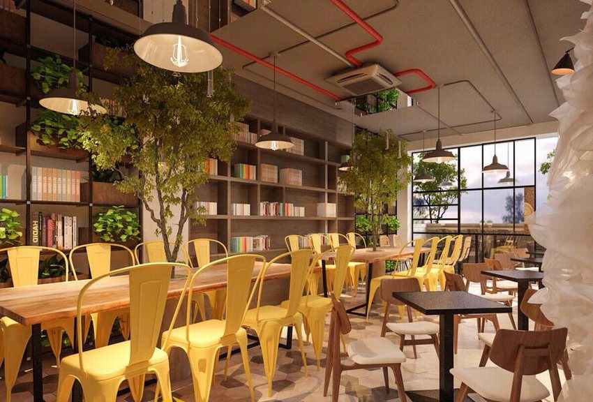 Thi công quán cafe trà sữa với không gian mở và ánh sáng tự nhiên.