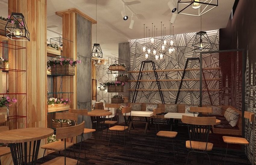 Thiết kế nội thất quán cafe đẹp hiện đại với bàn ghế gỗ, ánh sáng treo nghệ thuật và tường trang trí cây xanh.