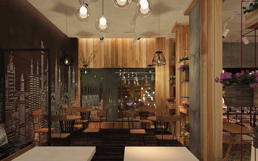 Thiết kế quán cafe ấm cúng với gỗ tự nhiên, ánh sáng vàng dịu và tranh tường nghệ thuật mang phong cách thành phố hiện đại.
