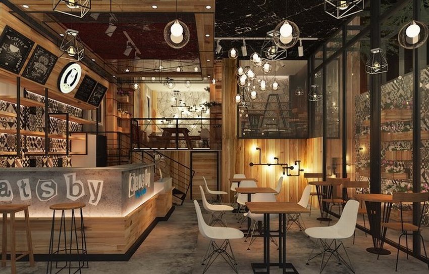 Thiết kế quán cafe hiện đại 2 tầng với nội thất gỗ, bàn ghế tối giản và ánh sáng trang trí ấn tượng.