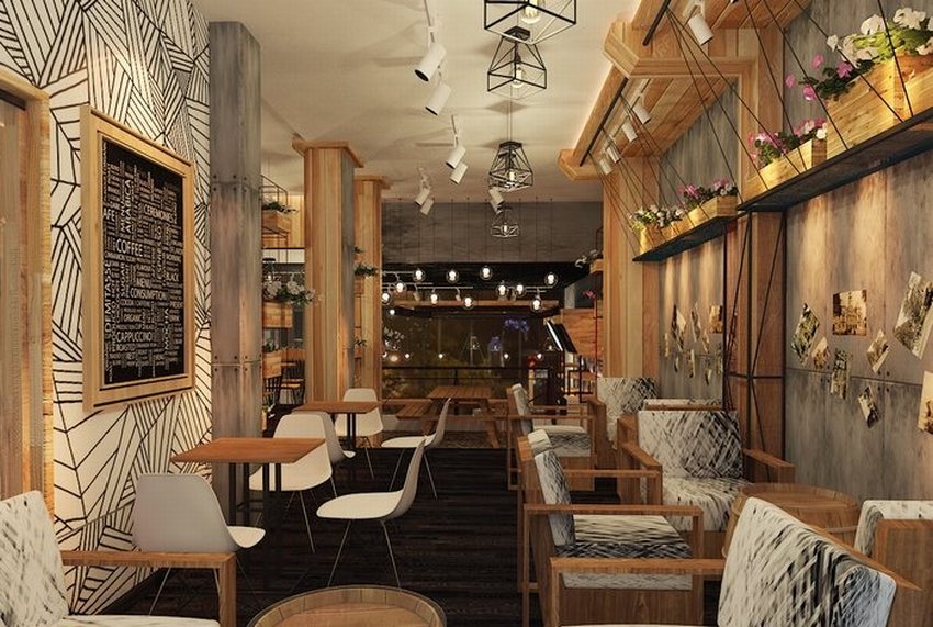 Thiết kế quán cafe trẻ trung với phong cách hiện đại, sử dụng gỗ ấm áp, đèn trang trí độc đáo và cây xanh điểm xuyết cho không gian thêm sinh động.