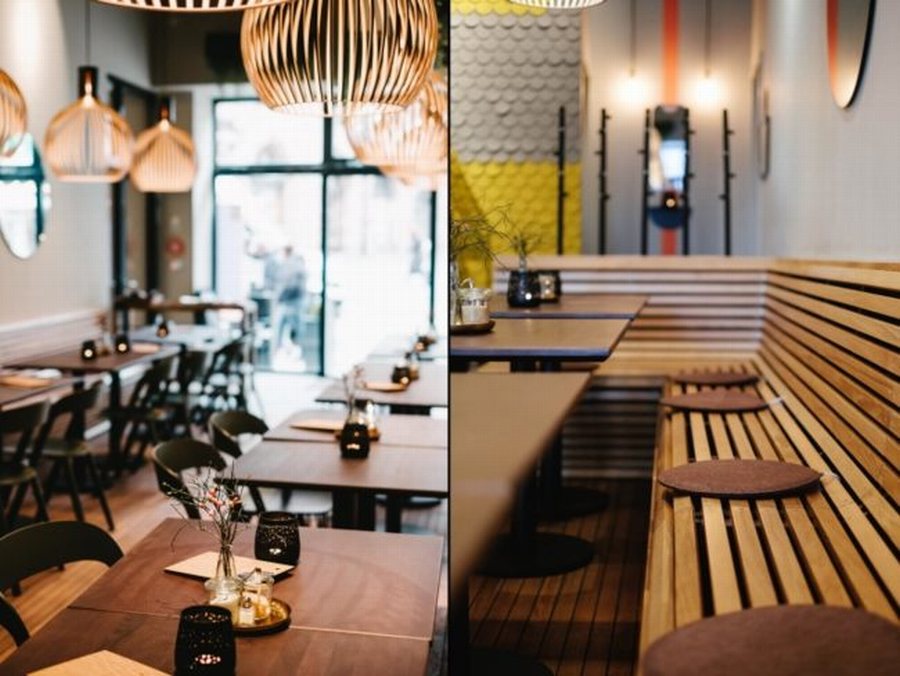 Thiết kế nội thất quán café hiện đại bàn dài cho nhóm đông