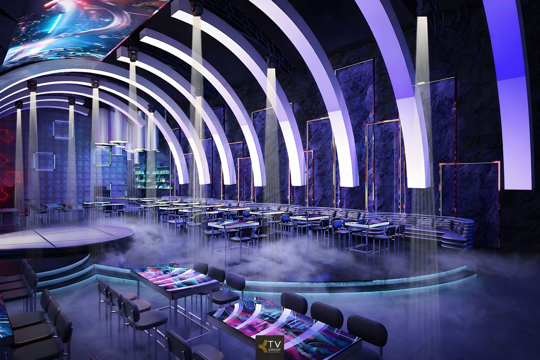 Không gian Beer Club hiện đại với thiết kế vòm ánh sáng LED, sân khấu trung tâm và bố trí bàn ghế khoa học, phù hợp mô hình kinh doanh giải trí thu hút khách đông năm 2026. 