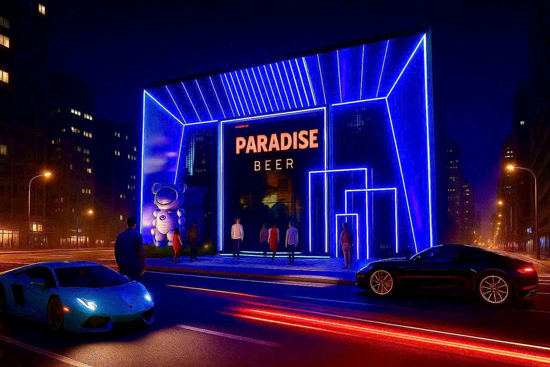 Mặt tiền Beer Club hiện đại với hệ thống LED xanh nổi bật, thiết kế hình khối ấn tượng, tạo không gian giải trí thu hút khách hàng trẻ trong mô hình kinh doanh 2026. 