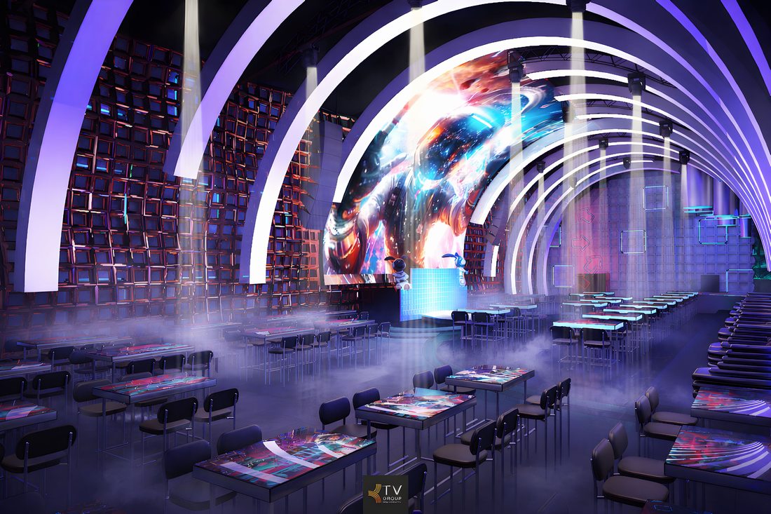 Không gian Beer Club với màn hình LED lớn, hệ vòm ánh sáng ấn tượng và bố trí bàn ghế khoa học, phù hợp mô hình kinh doanh giải trí hiện đại thu hút khách đông. 