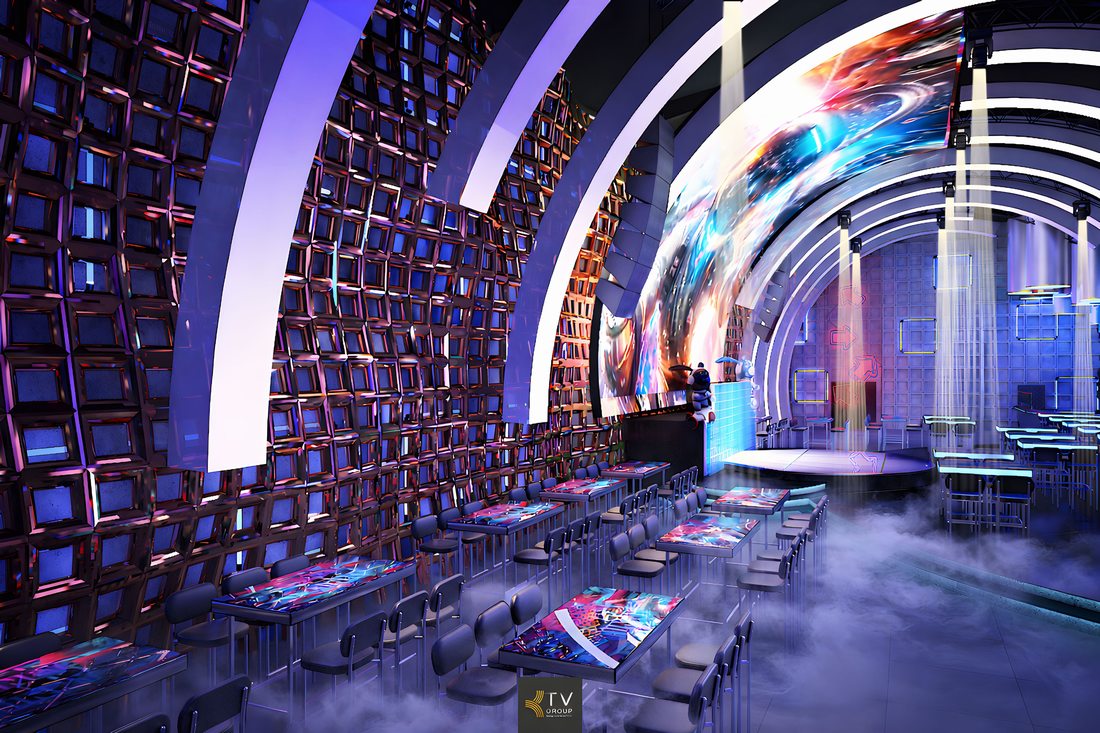 Không gian Beer Club hiện đại với hệ vòm ánh sáng LED, màn hình cong lớn và bố trí bàn ghế khoa học, phù hợp mô hình kinh doanh giải trí thu hút khách đông. 