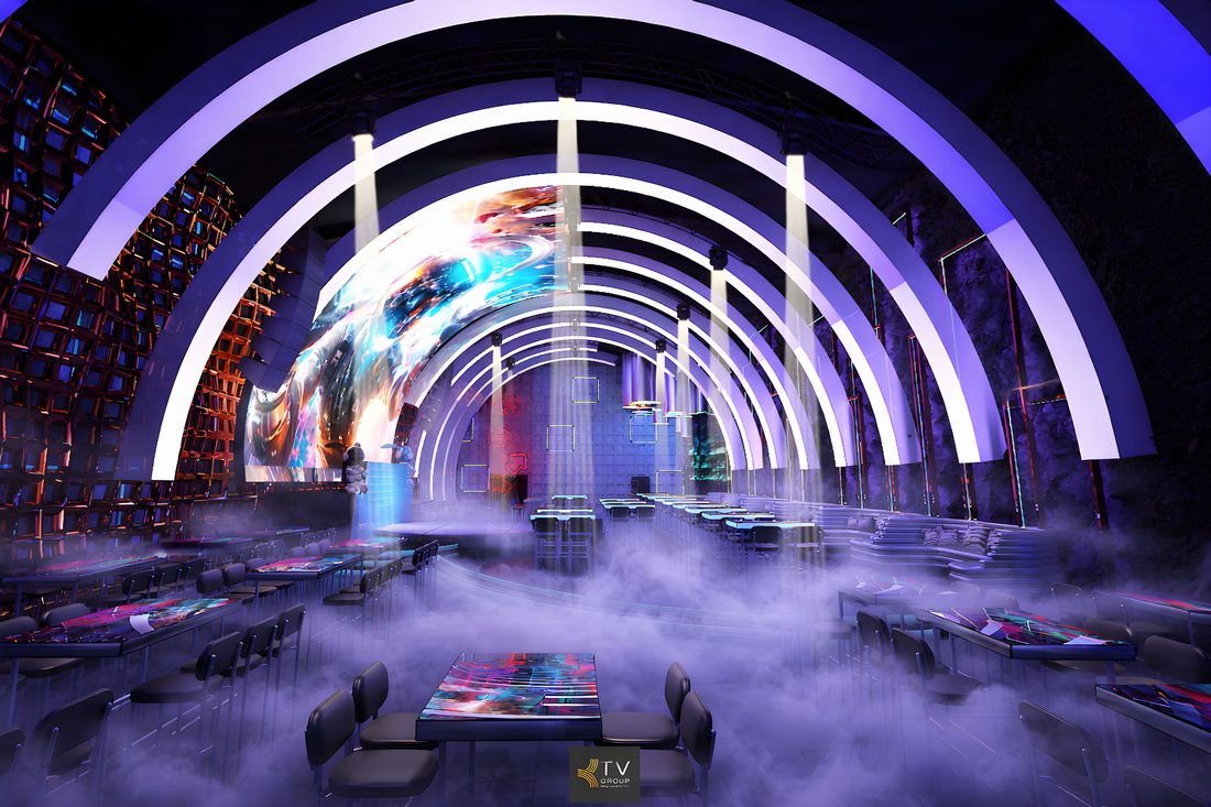 Mô hình Beer Club hiện đại 2026 với thiết kế ánh sáng độc đáo, màn hình LED cong nổi bật, tạo điểm check-in thu hút khách hàng và nâng tầm thương hiệu.