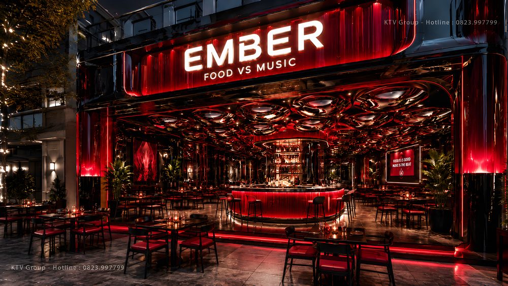 Thiết kế thi công Beer Club Food Music hiện đại với quầy bar trung tâm sang trọng và không gian mở đẳng cấp 