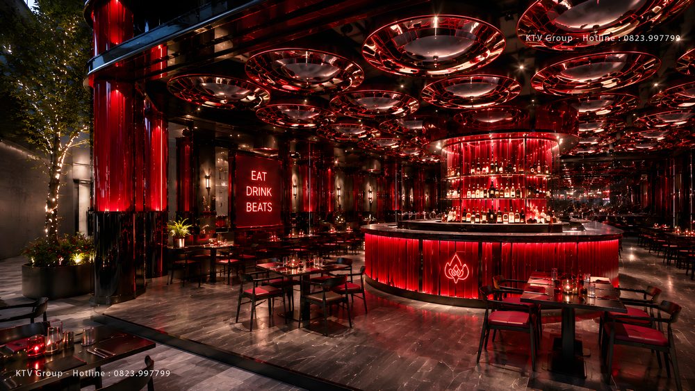 Không gian Beer Club Food Music cao cấp kết hợp nhà hàng, quầy bar và hệ thống ánh sáng nghệ thuật hiện đại 