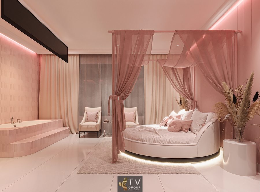 Thiết kế thi công phòng khách sạn chủ đề tình yêu giường tròn tone hồng lãng mạn cao cấp Nội thất love hotel với rèm canopy và ánh sáng LED tạo không gian romantic sang trọng Phòng khách sạn giường tròn kết hợp bồn tắm mở phong cách hiện đại tinh tế 