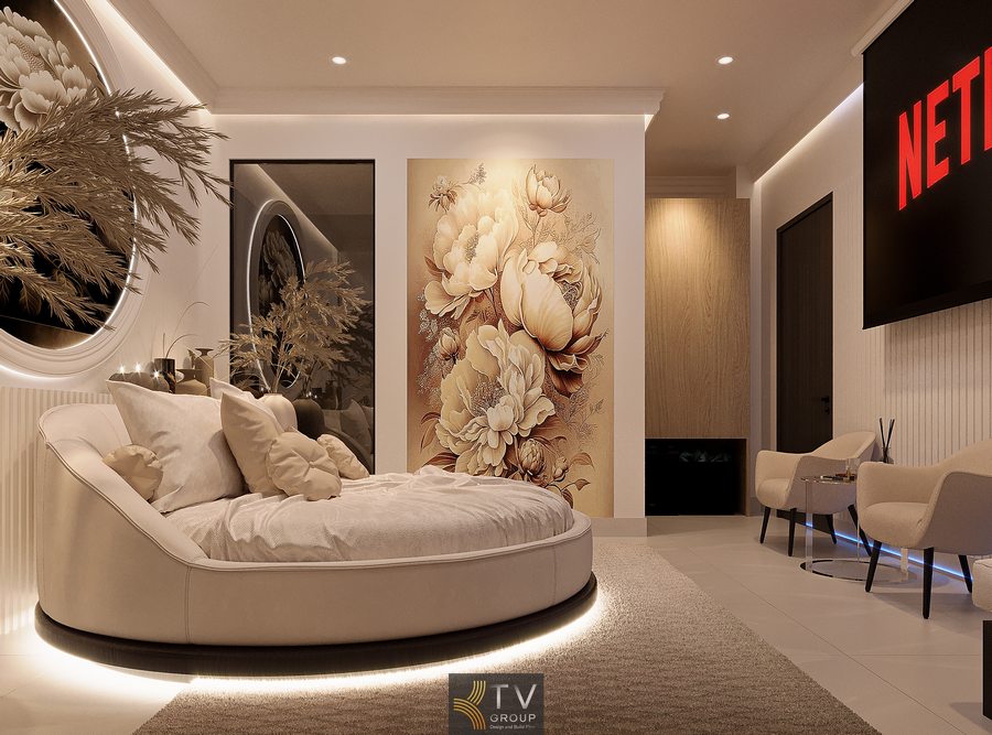 Không gian khách sạn hiện đại với màn hình giải trí lớn, ghế thư giãn và thiết kế nội thất thanh lịch phù hợp xu hướng lưu trú mới 