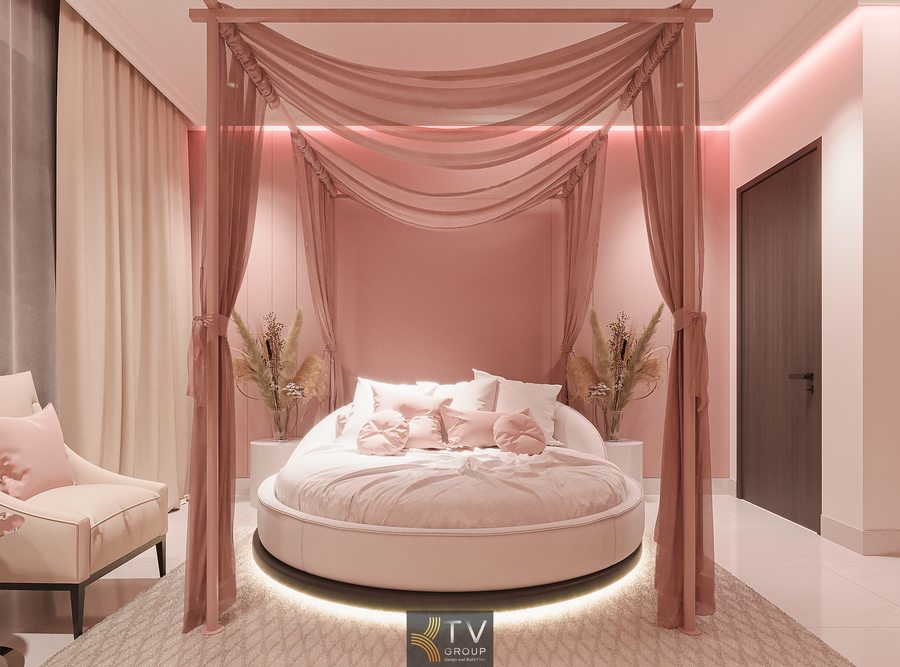 Nội thất love hotel tone hồng với không gian mở và ánh sáng LED lãng mạn Phòng khách sạn romantic cao cấp với giường tròn và khu tắm kính sang trọng 
