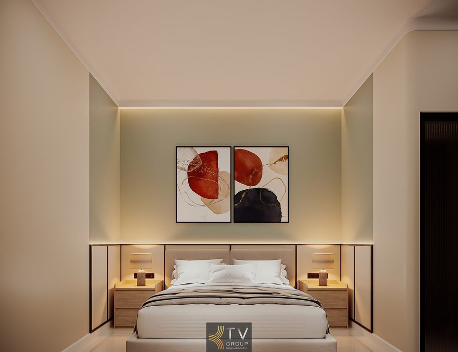 thiết kế phòng khách sạn tối giản với ánh sáng LED và nội thất gỗ sáng màu tạo không gian ấm áp 