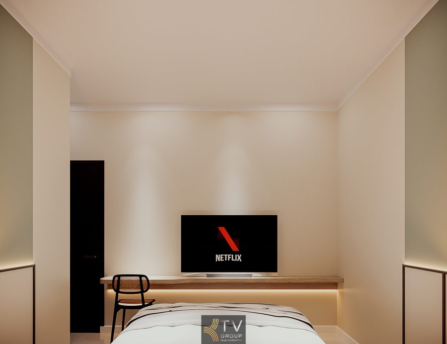 phòng khách sạn hiện đại nhỏ gọn với giường đôi và ánh sáng gián tiếp tinh tế 