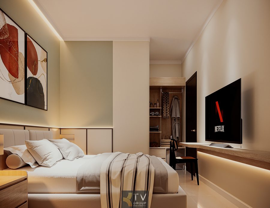 nội thất khách sạn phong cách tối giản với bố cục khoa học và màu sắc nhẹ nhàng 